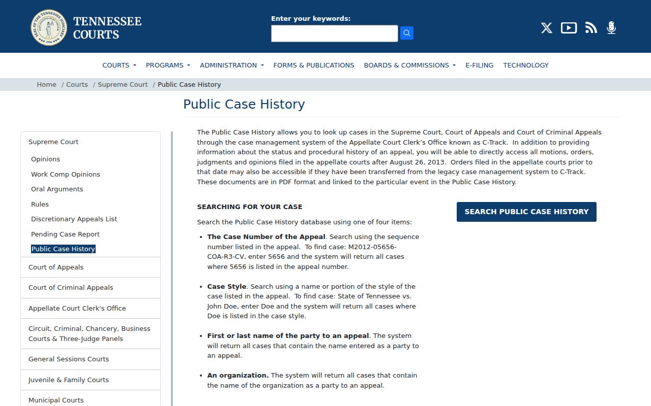 Tennessee Public Case History appellate court search page