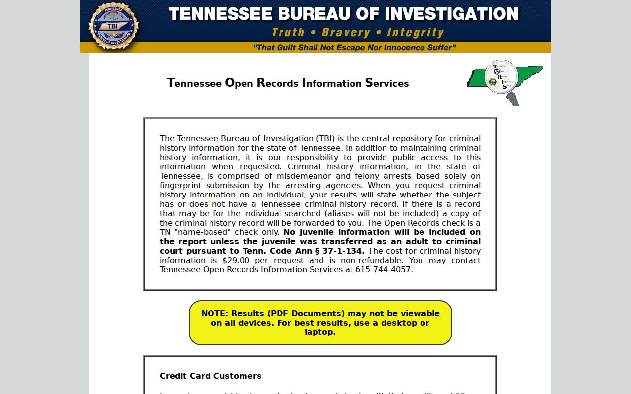 Tennessee TORIS criminal history name-check portal