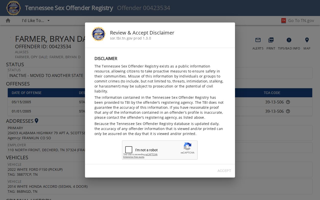 Wayne County sex offender registry sample profile field layout